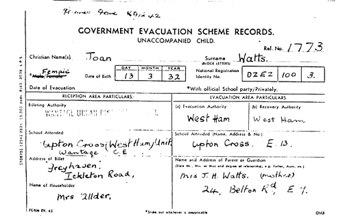 The identity number DZEZ shows that Joan Watts had originally been evacuated to Shipton.
